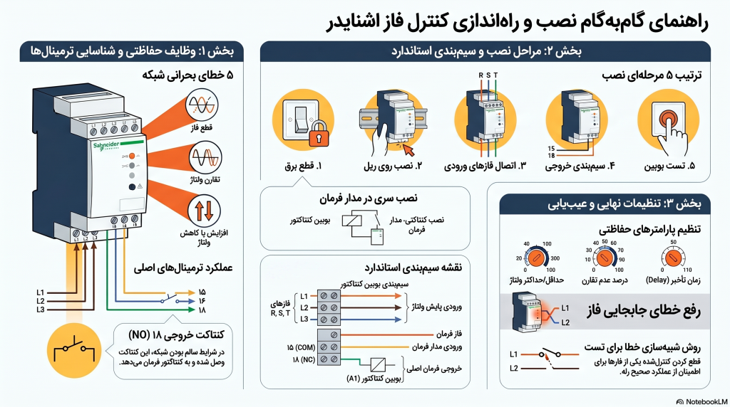 آموزش نصب کنترل فاز اشنایدر + نقشه سیم بندی و راهنمای کامل راه‌اندازی