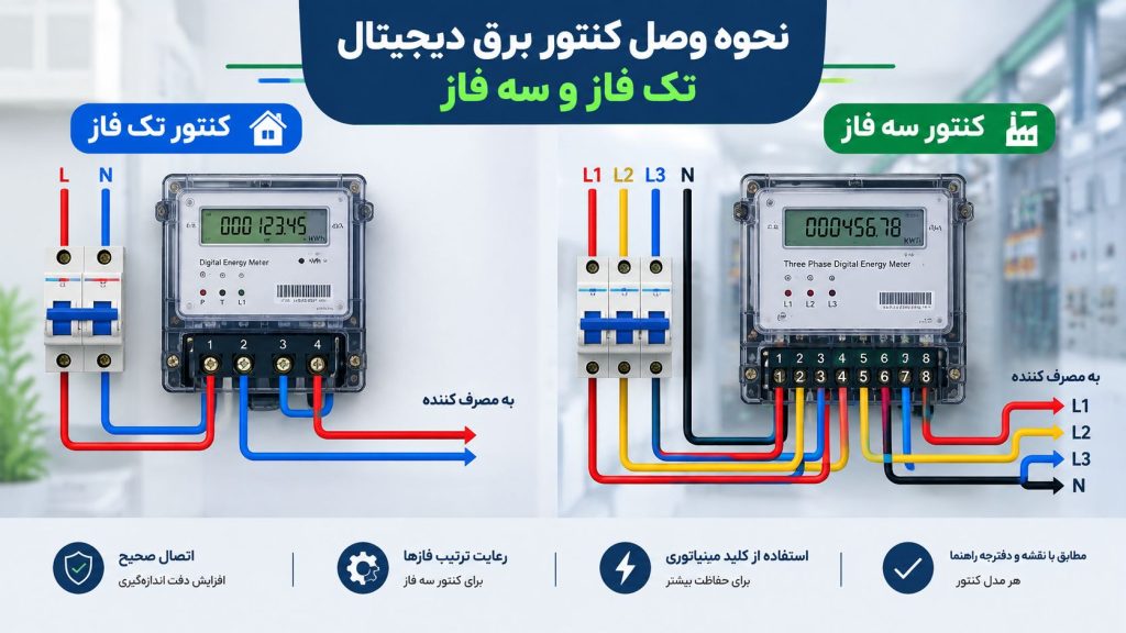 نحوه وصل کنتور برق دیجیتال تک فاز و سه فاز
